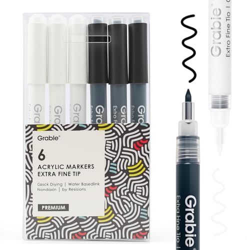 Grabie Black & White Extra Fine Tip Acrylic Paint Marker Set, 6 Pack, 0.7mm Acrylic Paint Pens for Highlights and Fine Details on Drawings, Rock Painting Glass Canvas Wood, White Highlight Markers - color: Black, White