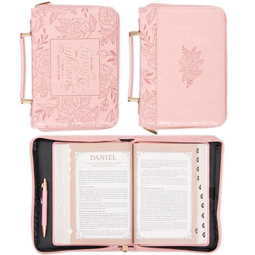 Christian Art Gifts Premium Vegan Leather Fashion Floral Bible Cover for Women: Strength & Dignity - Prov. 31:25 Inspirational Scripture Verse Carry Case w/Pockets & Pen Storage, Pink & Gold, Medium - size: Medium