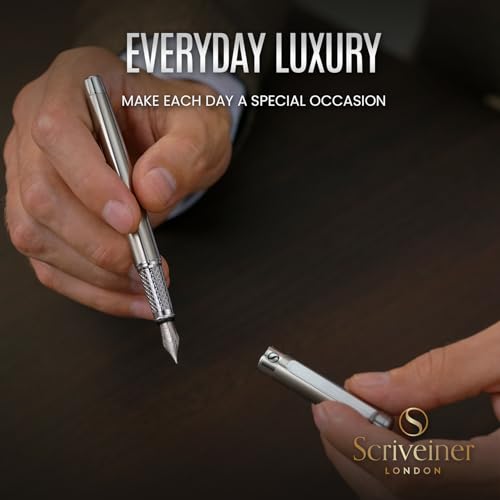 Scriveiner Stainless Steel Fountain Pen - Stunning Luxury Pen with Steel Finish, Schmidt Steel Nib (Fine), Best Pen Gift Set for Men & Women, Professional, Executive Office, Nice Designer Pens - color: 13. Stainless Steel with Chrome, style: Fine Nib