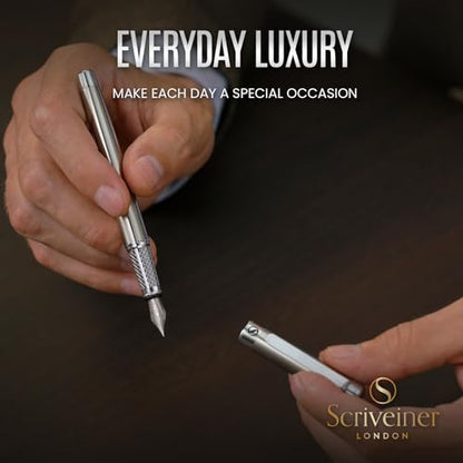 Scriveiner Stainless Steel Fountain Pen - Stunning Luxury Pen with Steel Finish, Schmidt Steel Nib (Fine), Best Pen Gift Set for Men & Women, Professional, Executive Office, Nice Designer Pens - color: 13. Stainless Steel with Chrome, style: Fine Nib