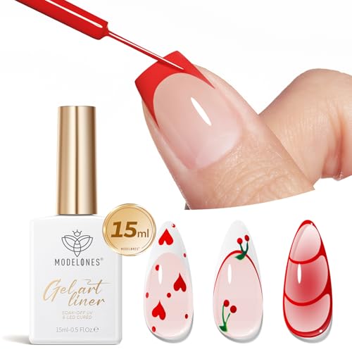 modelones Red French Tip Liner Gel Polish, 15 ML Bright Apple Red Valentine's Day Nail Art Paint Swirl with Ultra Fine Line Brush Soak Off U V DIY Home Salon Professional Manicure Gift for Women - color: Apple Red Liner