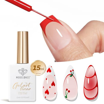 modelones Red French Tip Liner Gel Polish, 15 ML Bright Apple Red Valentine's Day Nail Art Paint Swirl with Ultra Fine Line Brush Soak Off U V DIY Home Salon Professional Manicure Gift for Women - color: Apple Red Liner