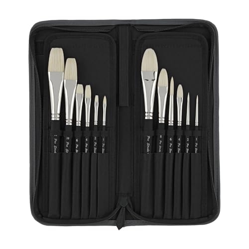 Creative Mark Pro Stroke Premium White Chungking Hog Bristle Artist Paint Brush - Short Handle Set of 12 with Easel Case - Natural Bristle Brush w/Soft Touch Handle for Oils and Acrylics