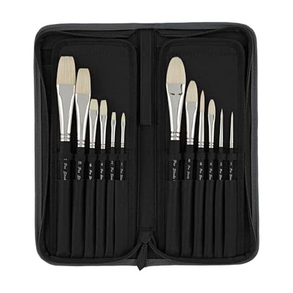 Creative Mark Pro Stroke Premium White Chungking Hog Bristle Artist Paint Brush - Short Handle Set of 12 with Easel Case - Natural Bristle Brush w/Soft Touch Handle for Oils and Acrylics