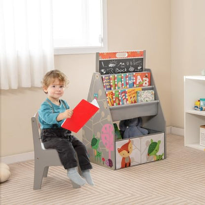HONEY JOY Kids Art Easel, Wooden Double-Sided Toddler Table & Chair Set w/Adjustable Magnetic White Board & Chalkboard, Bookshelf & Storage Bin, Arts & Crafts, Kids Art Table for Boys Girls (Gray) - color: Gray