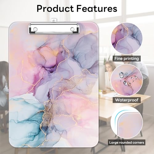 Plastic Cute Clipboard Low-Profile Metal Clip, A4 Letter Size 9 x 12.5 in, 8.5 x 11 Paper Clip Board for Teachers, Nurses, Classroom,Pink Dream Marble - color: Pink Dream Marble