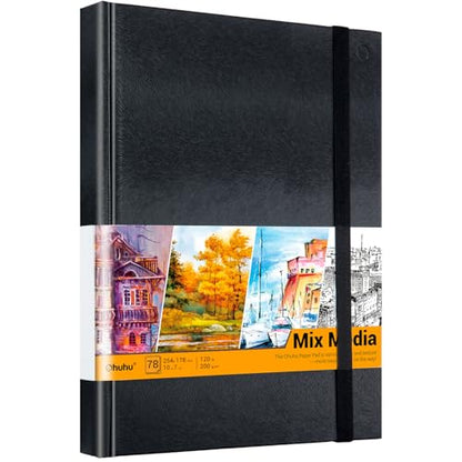 Ohuhu Mix Media Pad, 10" x 7" Mixed Media Art Sketchbook, 120 LB/200 GSM Heavyweight Papers, 78 Sheets/156 Pages, PU Hardcover Mixed Media Paper Pad for Acrylic, Painting Christmas Gift - size: 10" x 7"