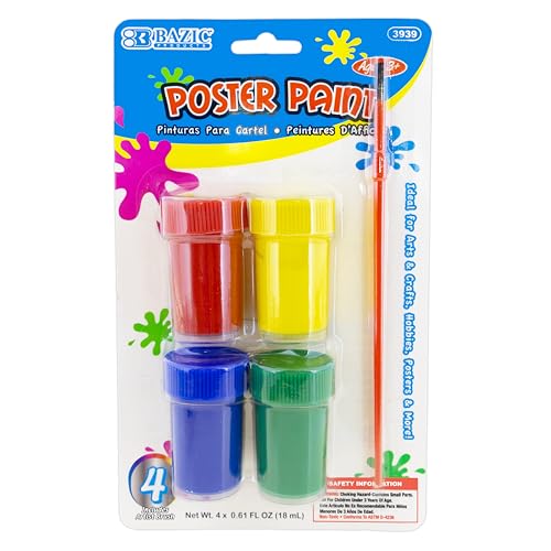 BAZIC PRODUCTS 4-Color Poster Paint Set with Brush, 24-Box | set of 4 poster paint colors, 0.6 fl oz each, brush for kids crafts and art projects - size: 24-Pack