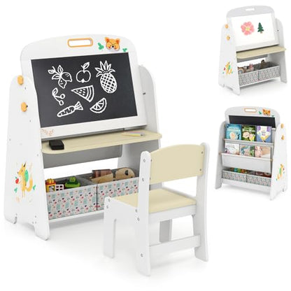 HONEY JOY Kids Art Easel, Wooden Double-Sided Toddler Table & Chair Set w/Adjustable Magnetic White Board & Chalkboard, Bookshelf & Storage Bin, Arts & Crafts (Natural + White) - color: Natural + White