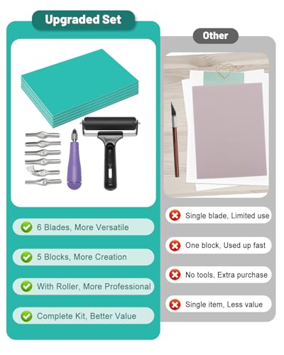 UCEC 1+7 Pack Linocut Carving Tools Linoleum Cutter & Linocut Block Printing Kit – Includes 5 Soft 4" x 6" Linoleum Blocks and Lino Cutting Tools with 6 Blades Universal Size, 4’’ Brayer Roller, Compl