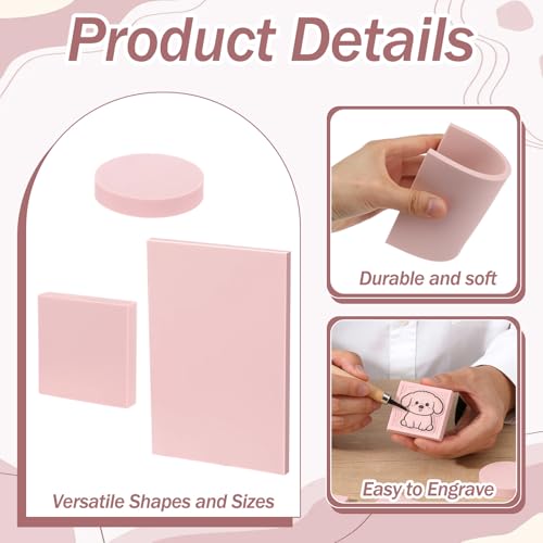 18 Pcs Rubber Stamp Carving Blocks Linoleum Blocks 4"x6" and 2"x2" Round Square Rectangle Block Carving Kit for Stamp Crafts DIY Project(Pink)