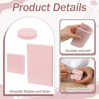 18 Pcs Rubber Stamp Carving Blocks Linoleum Blocks 4"x6" and 2"x2" Round Square Rectangle Block Carving Kit for Stamp Crafts DIY Project(Pink)