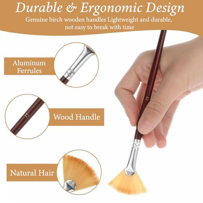 COMNICO 42 Pcs Fan Paint Brushes, Professional Artist Painting Brush Set Soft Nylon Hair Brush Long Wooden Handle for Artists Acrylic Watercolor Oil Painting