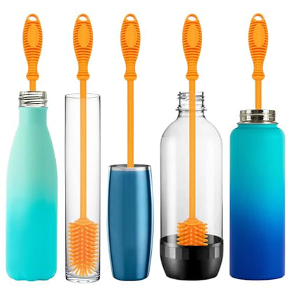 Kitchiny Silicone Bottle Brush with 2 Straw Cleaners - 12.5” Water Bottle Cleaner Brush for Yeti, Hydro Flask, Owala, Stanley, Baby Bottles, Glassware, Vases & Narrow Neck Containers - Orange - color: Orange