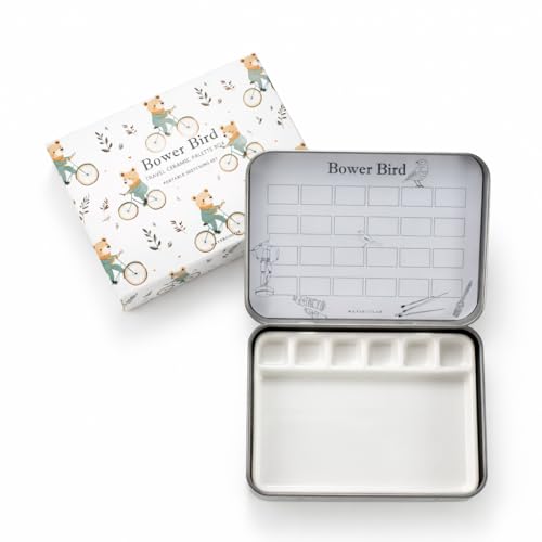 Bower Bird Travel Ceramic Watercolor Palette with Porcelain Mixing Tray & Metal Tin Box - Portable Art Kit for Gouache, Studio & Outdoor Painting (6Well)