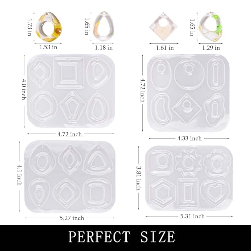 Earring Silicone Molds, 4 Packs Jewelry Resin Pendant Molds with Hole for DIY Fashion Epoxy Resin Geometry Necklace Earring Keychain for Women