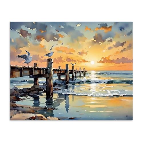 Alptiny Sunset Pier Paint by Numbers Kit for Adults Beginner, Seaside Landscape Paint by Number Kits, DIY Coastal Oil Painting Kit for Relaxation & Home Decor, 16x20 Inch - color: Seaside Landscape