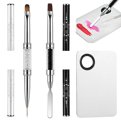 Double Ended Nail Builder Gel Brush and Palette Set,French Tip Brushes Hard Gel,Flat/Oval Nail Brushes,Liner Brush & Spatula,Nail Design Tools for Salon & DIY Use（3PCS）