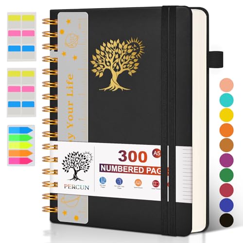 PERCUN Spiral Notebook 300 Numbered Lined Pages Hardcover Journal 5.9"x8.5" | College Ruled Spiral Bound Notebook with Tabs, A5 Leather Journal for Women Men, Work, School, Travel, Writing & Note Taking - color: Black, size: A5 size (5.9in x 8.5in)