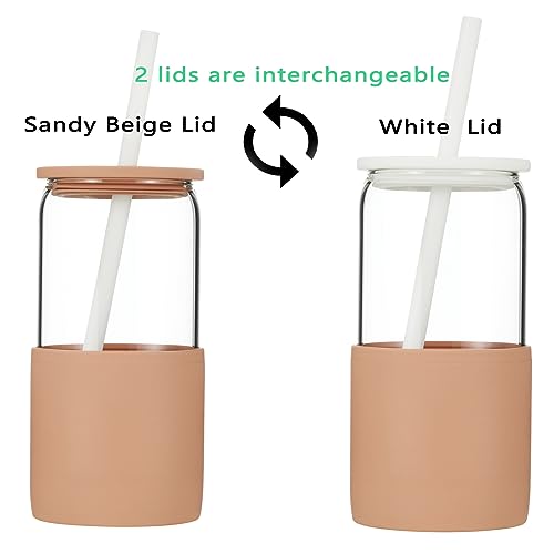 Sunseeke Glass Tumbler with Straw and Lid, 16oz Ice Coffee Cup, Silicone Sleeve Cleaning Brushes, Drinking Glasses for Water, Iced Coffee, Smoothie - BPA Free (Sandy Beige) - color: Sandy Beige
