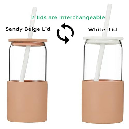 Sunseeke Glass Tumbler with Straw and Lid, 16oz Ice Coffee Cup, Silicone Sleeve Cleaning Brushes, Drinking Glasses for Water, Iced Coffee, Smoothie - BPA Free (Sandy Beige) - color: Sandy Beige