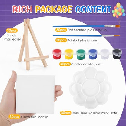ESRICH 30 Pack Mini Acrylic Paint Kit,Canvas Painting Kit,4in Stretched Canva with 6in Easel,Acrylic Paint Strips,Palettes,Painting Brushes,Canva and Easel Set for Kids Artists Beginner,Gift - size: 30 set 4 x 4 inches