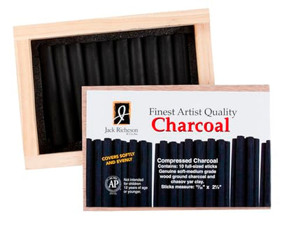Yarka Extra Smooth Medium Soft Non-Toxic Pressed Charcoal Stick, 4-3/8 x 7/16 in, Black, Pack of 10