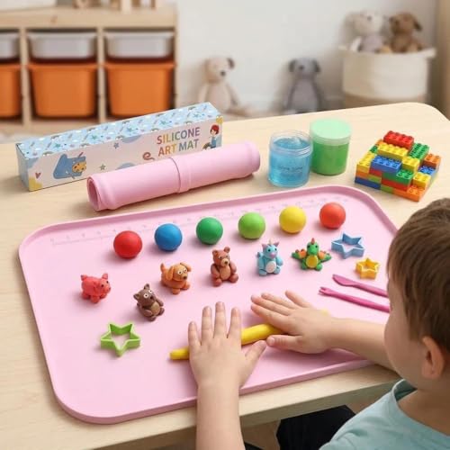 AWOKE 24"x16" Silicone Mats for Crafts with 0.7" High Edges, Large Leak-Proof Art Mat for Playdoh, Resin, Painting, Clay, Slime,Beads, Lego, Puzzle, Non-Stick & Non-Slip Kids Placemats, Pink - color: Pink