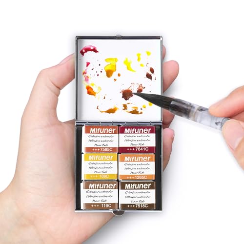 Mini Portable Handmade Artist Watercolor Paint Travel Metallic Box Set with 6 Earth Tone Solid Watercolor Half Pans (Each Capacity Approx 1.5ml) Pearlescent.Earth Tone - color: Solid Watercolor--earth Tone