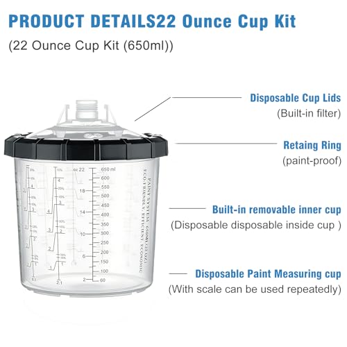 Disposable Paint Spray Gun Cup 50 Pack 22 Ounce(650ML) Disposable Mixing Cups for Automotive Spray Gun with 50 Liners and Lids System, with Retainer Ring, 2 Adapters for Paint Gun (22 Ounce- 50pack) - size: 22 Ounce- 50pack