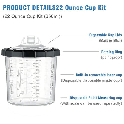 Disposable Paint Spray Gun Cup 50 Pack 22 Ounce(650ML) Disposable Mixing Cups for Automotive Spray Gun with 50 Liners and Lids System, with Retainer Ring, 2 Adapters for Paint Gun (22 Ounce- 50pack) - size: 22 Ounce- 50pack