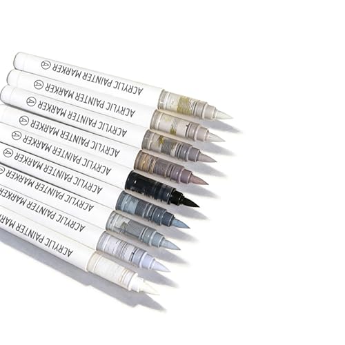 Acrylic Paint Markers, 9 Colors Acrylic Paint Pens Water Based and Soft Brush Tip for Wood Glass Eggs Rock Painting Canvas Stone Fabric DIY Crafts Art Supplies (Grey) - color: Grey