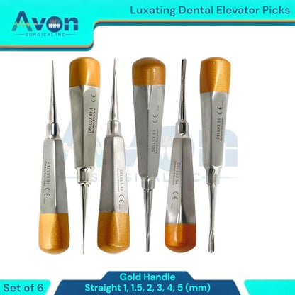 Set of 6pcs Apical Root Tooth Extraction Elevators 1mm, 1.5mm, 2mm, 3mm, 4mm, 5mm (Straight Tip) - Autoclave-Safe German Stainless Steel