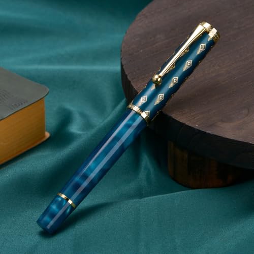 Hongdian N8S Blue Peacock Fountain Pen, Iridium Extra Fine Nib with Converter and Metal Pen Case Set - color: Blue Peacock, style: Extra Fine Point