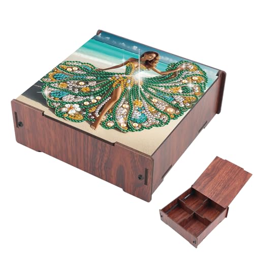 DIY Diamond Art Storage Box, Beach Lady Design Wooden Diamond Painting Organizer with Flip-Top Lid and 4 Compartments, for Craft, Jewelry, and Desktop Storage, Table Decoration Gift Accessories - color: Beach Lady