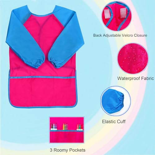 2 Pack Kids Art Smock Waterproof with Long Sleeve and 3 Roomy Pockets Artist Children Aprons for Toddlers Age 3-8 Painting Crafts（Green+Rose Red） - color: 2 Pack Green+rose Red