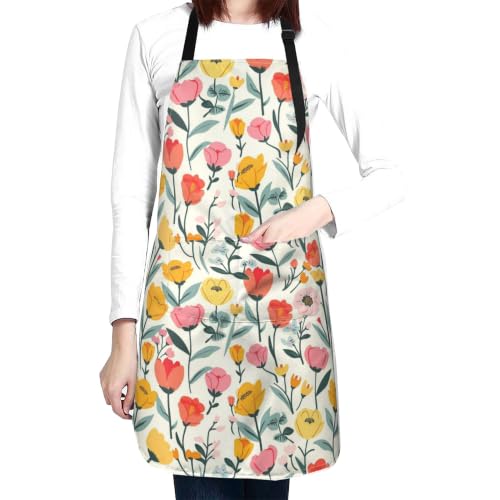 Cream Pastel Wildflower Art Waterproof Apron with Pockets | Garden Aprons for Men Women Adjustable Bib Apron for Cooking Kitchen Baking BBQ Painting Housework Oil Resistant - color: Cream Tulip Garden