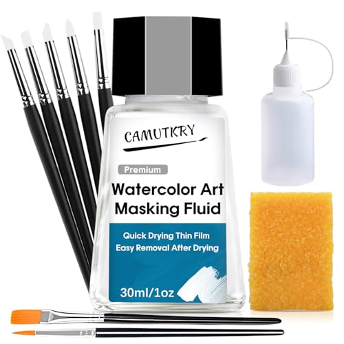 Watercolor Masking Fluid, Liquid Masking for Painting Watercolor Accessories with Silicone Pen Cleaning Brush Retouching and Covering for Painting and Various Art Projects Supplies,White (30ml) - color: 30ml