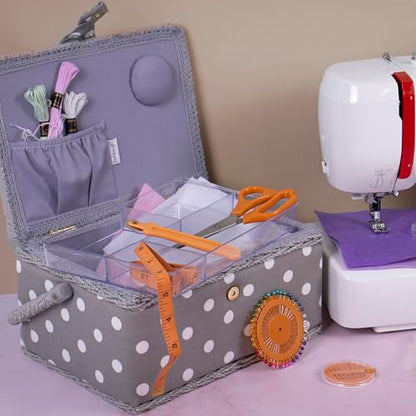 Hobby Gift Medium Sewing Box Organiser, Fabric Covered Storage Box with Handle, Internal Tray, Pin Cushion and Pocket for Sewing, Quilting and Knitting Supplies - color: Grey Spot