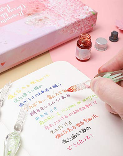 XIAOYU Glass Dip Pen Ink Set, 16 Pieces Calligraphy Pens Set - 12 Colorful Inks, Pen Holder, Cleaning Cup, 2 Crystal Glass Pens for Writing, Signature - Yellow - color: Yellow