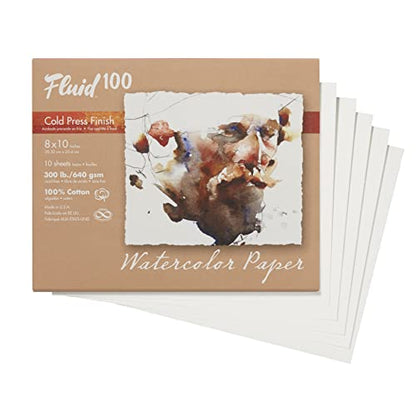 Fluid 100 Watercolor Paper, 8 x 10 Inchs, 10 Sheets, 300lb Cold Press, 100% Cotton, Artist Archival Quality - size: 8 x 10 (300 lb)