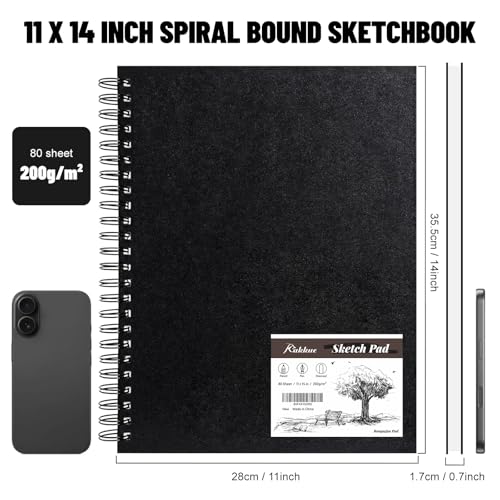 KAKKUE 11" x 14" 200 GSM Premium Mixed Media Sketchbook, 80 Sheets (160 Pages), Hardcover Spiral Bound Drawing Pad, Acid-Free Thick Artist Paper for Watercolor, Illustration & Professional Sketching - size: 11*14 inch(80 Sheets)