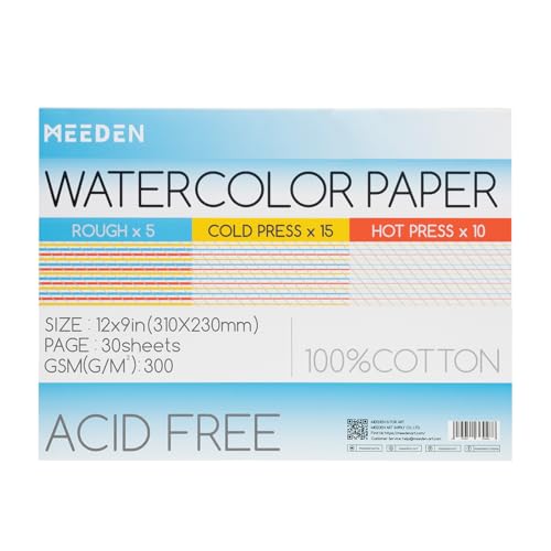 MEEDEN Watercolor Paper Block - 3 Textures 100% Cotton Watercolor Paper Pad of 30 Sheets, 140lb/300gsm, Acid-Free Art Paper for Watercolor, Gouache, Ink and More, 9" x 12" - size: 9×12"