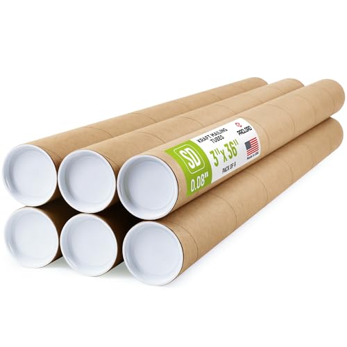 3" x 36" Reinforced Kraft Paper Mailing Tubes, Pack of 6 Tubes with 2 Caps Each – USPS Approved Poster Tube – Made in USA Cardboard Tube for Shipping and Storing Posters, Prints, Artwork, or Documents - color: Standard-Duty, size: 3" x 36"