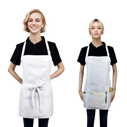 Short Aprons for Women with 3 Pockets，Waterproof Chef Apron for Cooking, Men Kitchen Apron for Grilling Bbq - color: White, 2 Pack