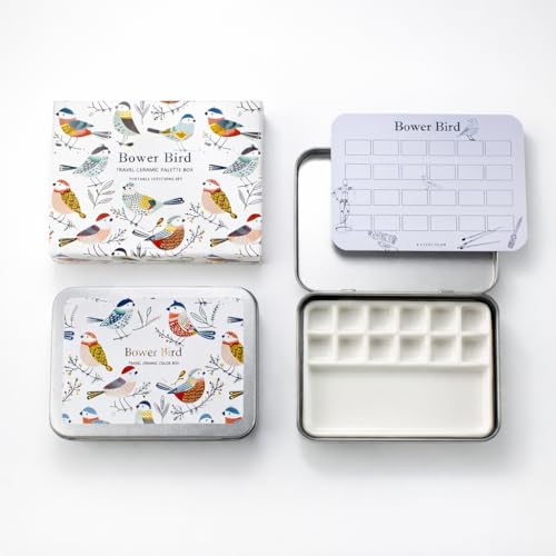 Bower Bird Travel Ceramic Watercolor Palette with 12-Well Porcelain Mixing Tray & Metal Tin Box - Portable Art Kit for Gouache, Studio & Outdoor Painting - size: 12 Wells