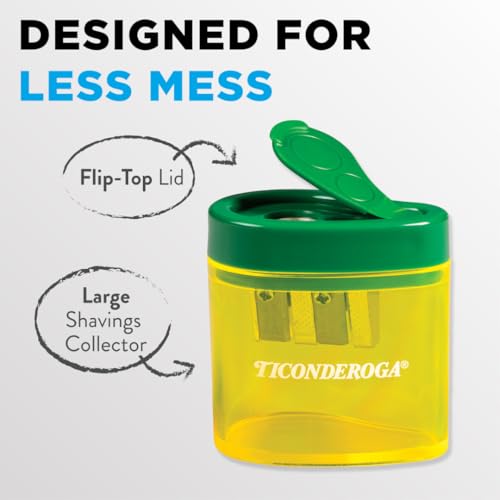 Ticonderoga Two-Hole Manual Pencil Sharpener for Standard and Beginner Pencils, Yellow/Green, 2" x 2" x 1.25", German-Engineered, 6 Count - style: 2-Hole, 6-Pack
