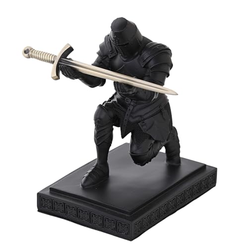 Templar Vanguard Soldier Pen Holder Desk Organizers Crafts as Gifts Black | Very Solid and Sturdy Pencil Stand Paperweight Desktop Decoration with a Fancy Sword for Medieval Warrior Enthusiast - color: Black