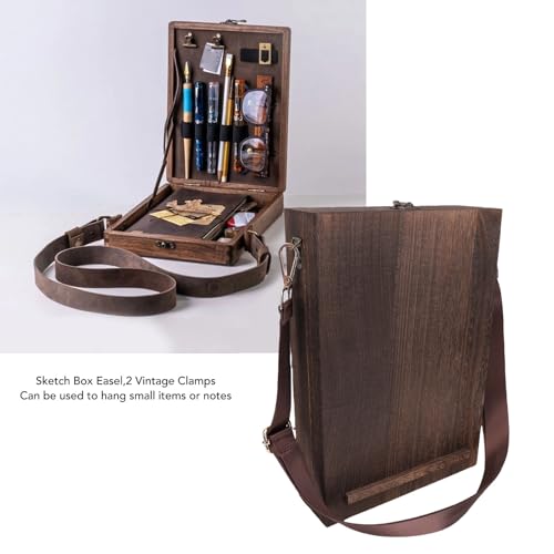 Marhynchus Wooden Artist Sketch Box, Portable Writing Messenger Bag with 2 Retro Clips 5 Elastic Loops 3 Elastic Straps for Writers Designers Architects