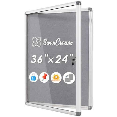 SWANCROWN 36x24 in Enclosed Bulletin Board, Wall Display Case, Grey Felt | 6xA4, Tamperproof, Shatterproof, with Locking Door, Silver Aluminum Frame, Felt Pin Board for Wall, Office, School, Business - color: Sliver-g, size: 36x24 in